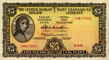 Central Bank of Ireland 5 Pounds 1961. O'Muimhneachain, Whitaker