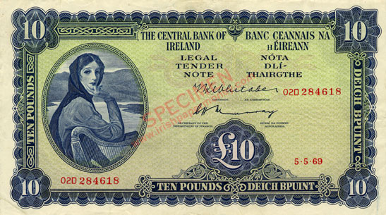 Central Bank of Ireland 10 Pounds 1969. Whitaker, Murray