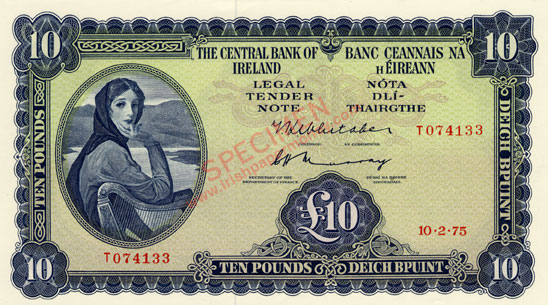 Central Bank of Ireland 10 Pounds 1975. T replacement note