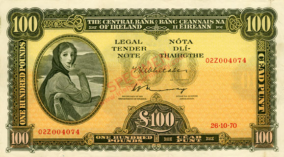 Central Bank of Ireland 100 Pounds 1970. T. K. Whitaker, C. H. Murray