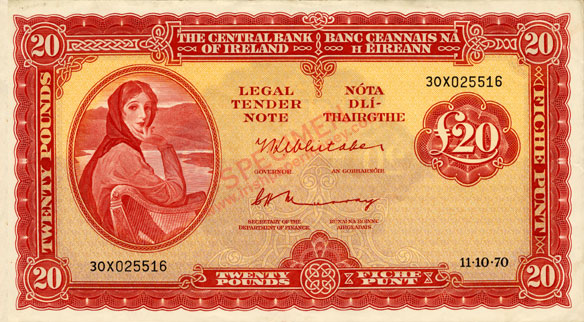 Central Bank of Ireland Twenty Pounds 1970. Whitaker, Murray