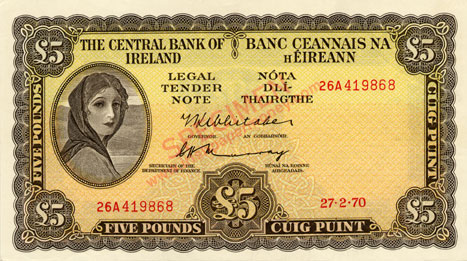 Central Bank of Ireland Five Pounds 1970. Whitaker, Murray