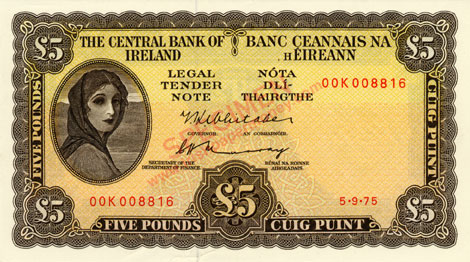 Central Bank of Ireland 5 Pounds 1975 Replacement note 00K prefix