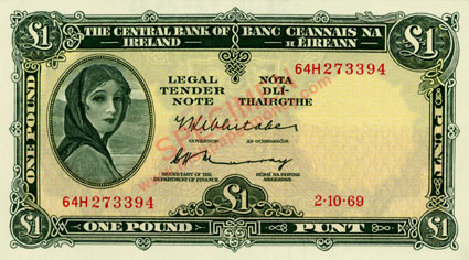Central Bank of Ireland One Pound 1969. Whitaker, Murray