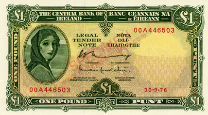 Central Bank of Ireland One Pound 1976 00A replacement note