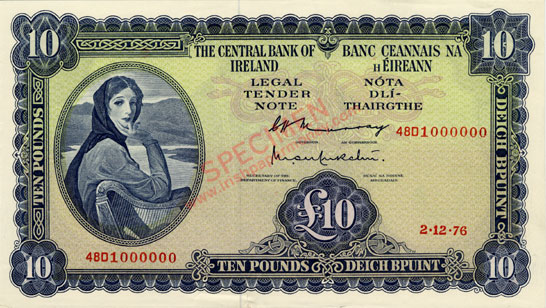 Ireland Ten Pounds 1976. Murray, O'Murchu Number 48D 1000000 Numbered by hand