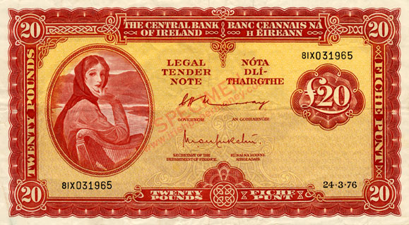 Central Bank of Ireland Twenty Pounds 1976 X prefix