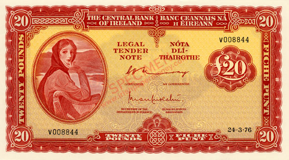 Central Bank of Ireland 20 Pounds 1976 V replacement note