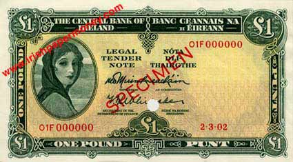 Central Bank of Ireland One Pound Specimen 1962 O'Muimhneacháin, Whitaker