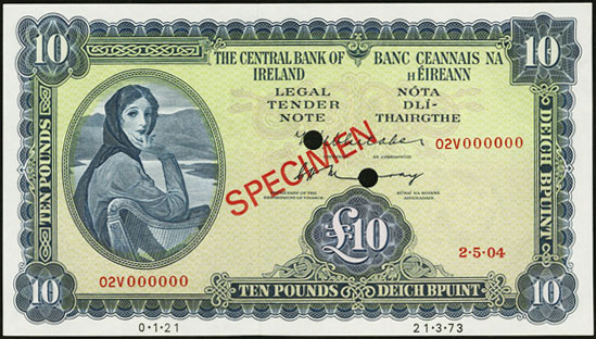 Central Bank of Ireland Ten Pounds Specimen 1971, metallic thread introduced Whitaker, Murray