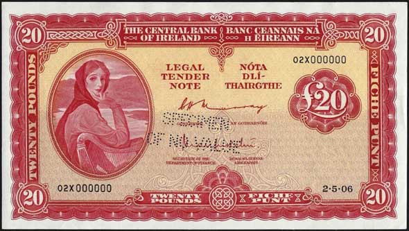 Central Bank of Ireland 20 Pounds Specimen 1976 Murray, O'Murchú