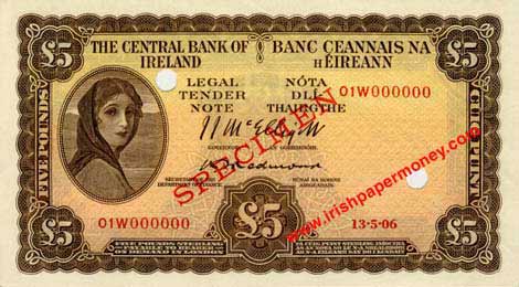 Central Bank of Ireland Five Pounds Specimen 1954 McElligott, Redmond