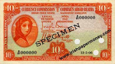 Irish Ten Shilling Note specimen, Currency Commission Irish Free State