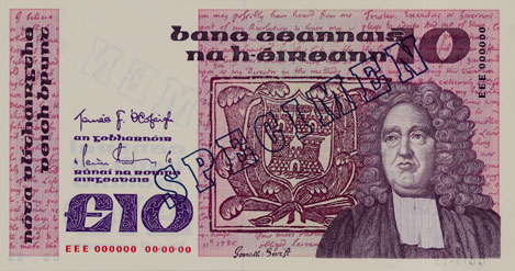 Central Bank of Ireland Ten Pounds Specimen 1983