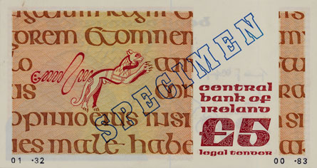 Central Bank of Ireland Five Pounds Specimen 1983 reverse