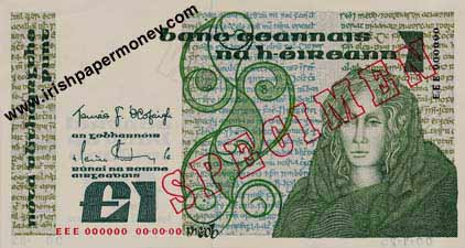 Central Bank of Ireland One Pound Series B specimen