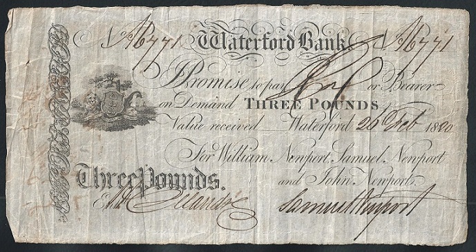Waterford Bank William Newport & Co. 3 Pounds 26th Feb. 1820.jpg