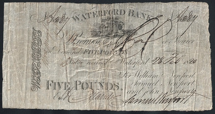 Waterford Bank William Newport & Co. 5 Pounds 28th Feb. 1820.jpg