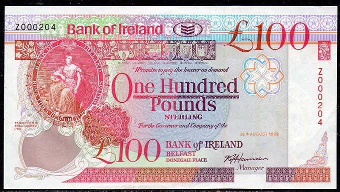 Bank of Ireland 100 Pounds Replacement 28th Aug 1992 Harrison.jpg