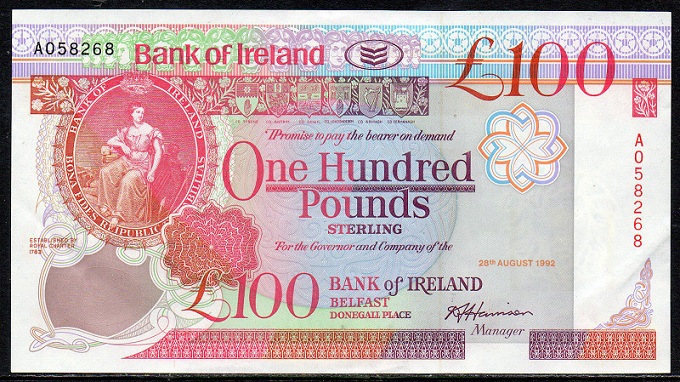Bank of Ireland 100 Pounds 28th Aug 1992 Harrison.jpg