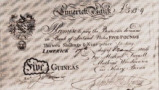Michael Furnell & Co. Limerick Bank Proof 5 Guineas 17th March 1804.JPG