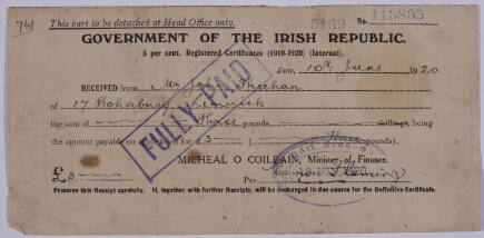 Irish Republic Internal Loan Provisional Loan Certificate 3 Pounds 10th June 1920.jpg