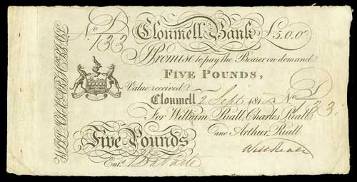William Riall & Co. Clonmell Bank Riall 5 Pounds 2nd Sept. 1808.jpg