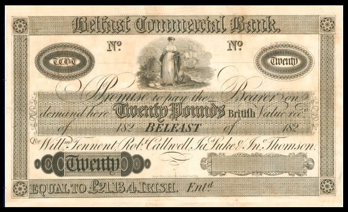 Belfast Commercial Bank Willianm Tennant & Co. 20 Pounds Specimen ca.1825-1827.jpg