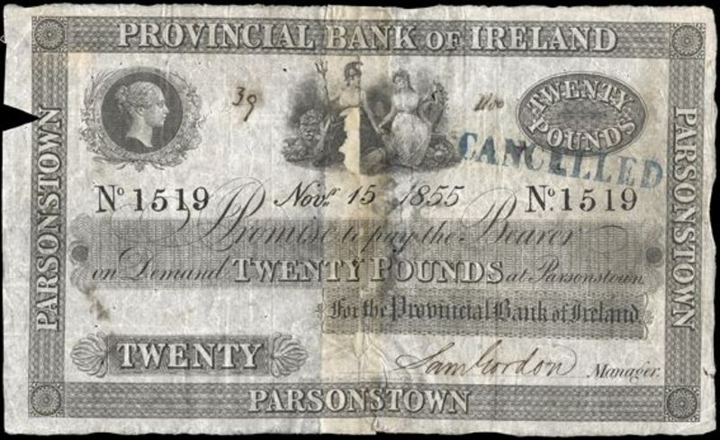 Provincial Bank 20 Pounds 15th Nov 1855 Parsonstown Sam Gordon.jpg