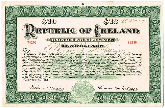 Republic of Ireland 10 Dollars Bond Certificate 21st Jan. 1920 Green.jpg