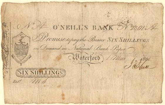 O'Neill's Bank Waterford 6 Shillings 1st Mar 1801.jpg