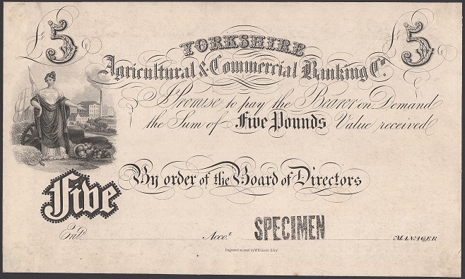 Yorkshire Agricultural & Commercial Banking Co. 5 Pound Specimen ca. 1836-1842.jpg
