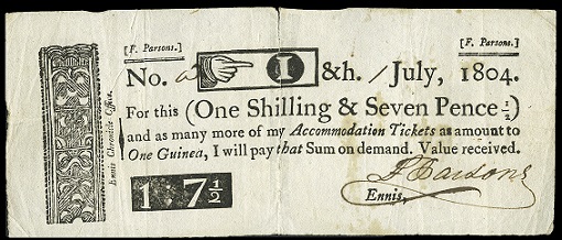 Ennis Chronicle Office 1 Shilling Seven Pence Halfpenny July 1804.jpg