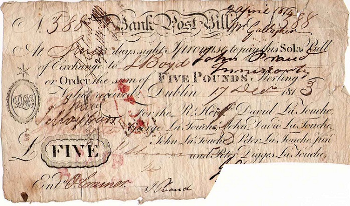 Rt. Hon. David La Touche & Co.  5 Pounds Post Bill 17th Dec. 1813.jpg