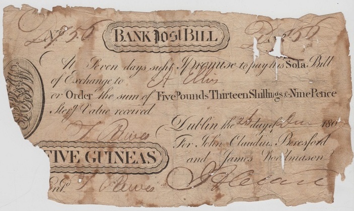 J.C. Beresford & Co. 5 Guineas Post Bill 2nd June 1807.jpg