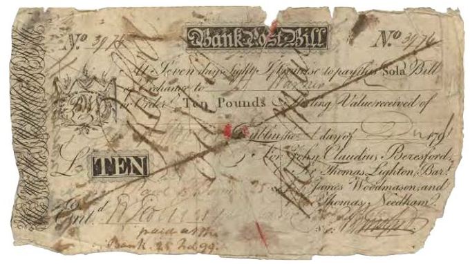 Beresford & Co. 10 Pounds Post Bill 1st Dec. 1794.JPG