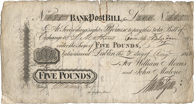 William Morris & Co. 5 Pounds Bank Post Bill 3rd Aug 1813.jpg