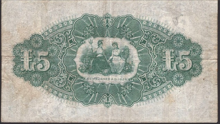 Provincial Bank of Ireland 5 Pounds 6th May 1929 Robertson Reverse.JPG