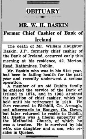 W.H. Baskin Bank of Ireland Cashier Obituary 1938.JPG