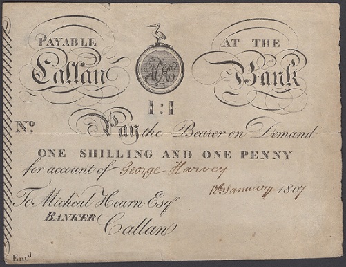 Michael Harvey & Co Callan Bank 1 Shilling 1 Penny 12th Jan 1807.JPG