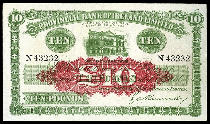 Provincial Bank of Ireland 10 Pounds 10th October 1938 Kennedy.jpg