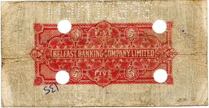 Belfast Banking Company 5 Pounds Specimen 6th April 1936 Reverse.jpg
