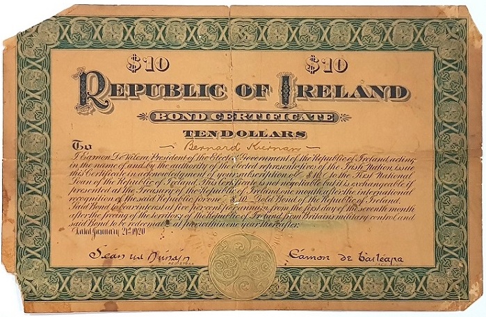 Republic of Ireland 10 Dollar Bond 21st Jan 1920 Partially Issued.jpg