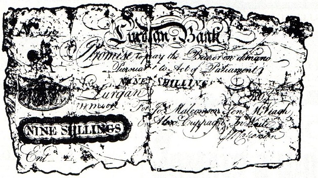 Lurgan Bank Joseph Malcolmson & Co. 9 Shillings July 1804.jpg
