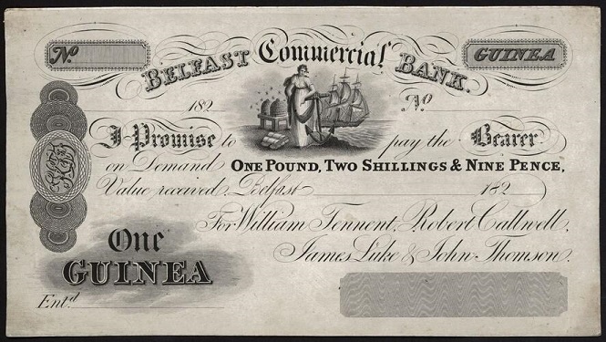 Belfast Commercial Bank 1 Guinea Unissued ca. 1824-1827.jpg