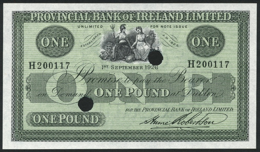 Provincial Bank of Ireland 1 Pound 1st September 1926 Robertson Punch Cancelled.jpg