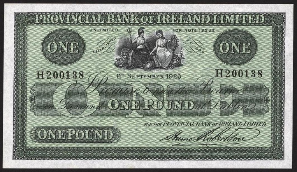 Provincial Bank of Ireland 1 Pound 1st September 1926 Robertson Repaired.jpg