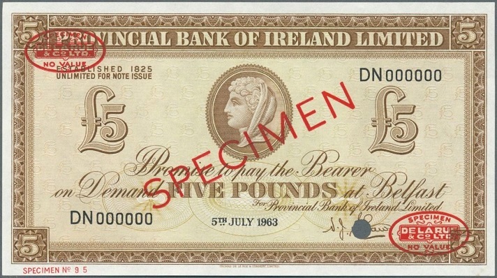 Provincial Bank 5 Pounds Specimen De La Rue 5th July 1963 Shaw.JPG