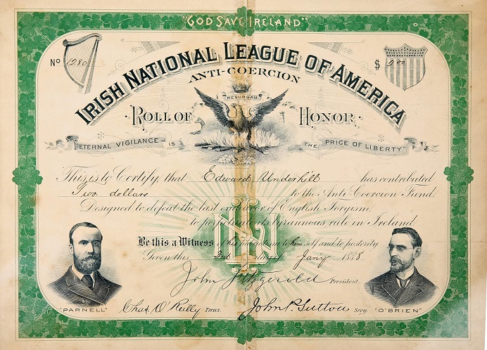 Irish National League of America Anti-Coercion Bond Certificate 2 Dollars 3rd January 1888.jpg