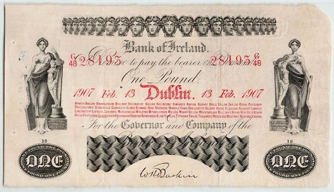 Bank of Ireland 1 Pound 13th Feb 1907 Baskin.jpg